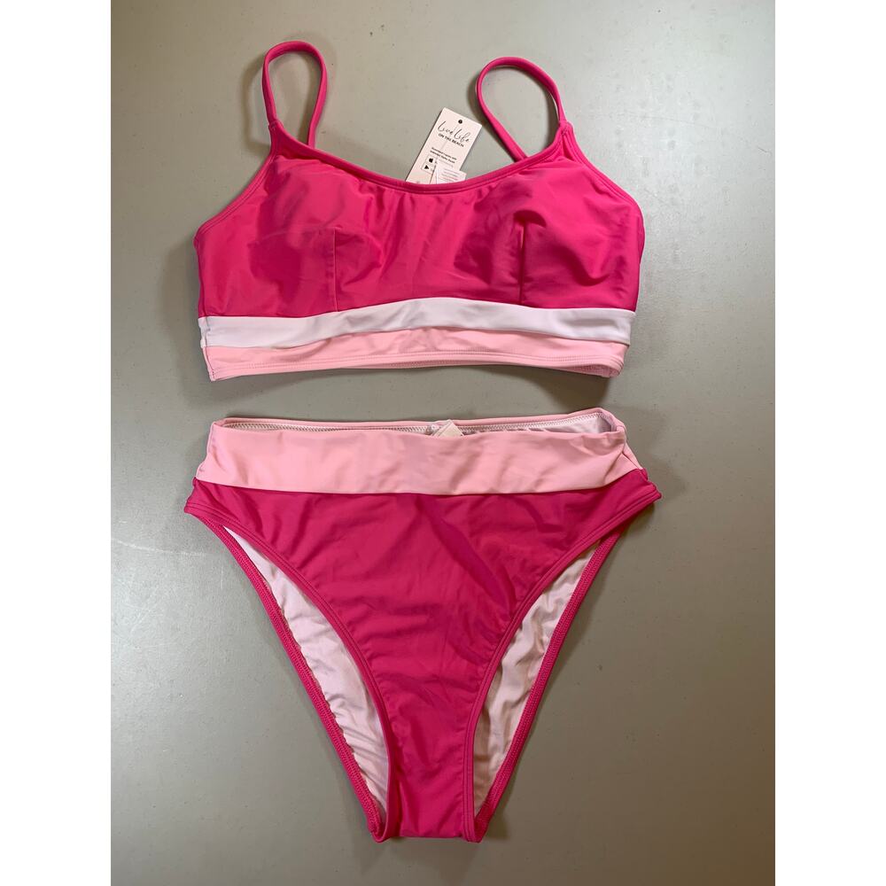 NWT Cupshe Pink Colorblock Sporty Bikini with High Rise Bottoms